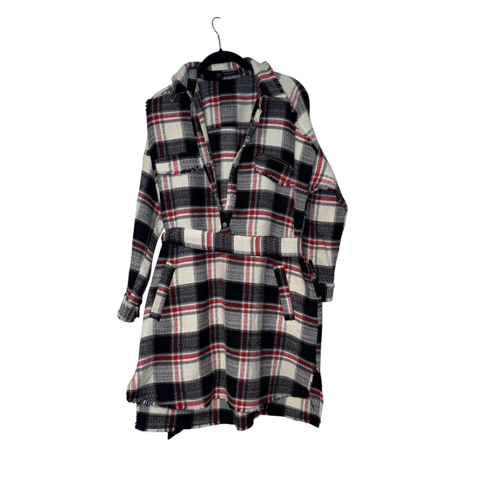 Zara Plaid Belted Shacket Jacket Womens XL Red Black White Woven Coat